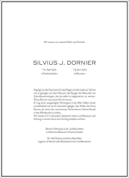 Traueranzeige von Silvius J. Dornier von Frankfurter Allgemeine Zeitung