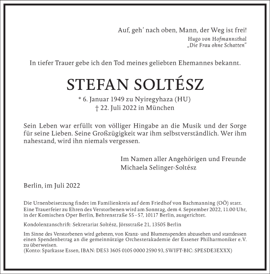 Traueranzeige von Stefan Soltesz von Frankfurter Allgemeine Zeitung