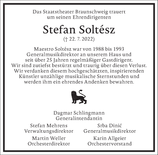 Traueranzeige von Stefan Soltesz von Frankfurter Allgemeine Zeitung