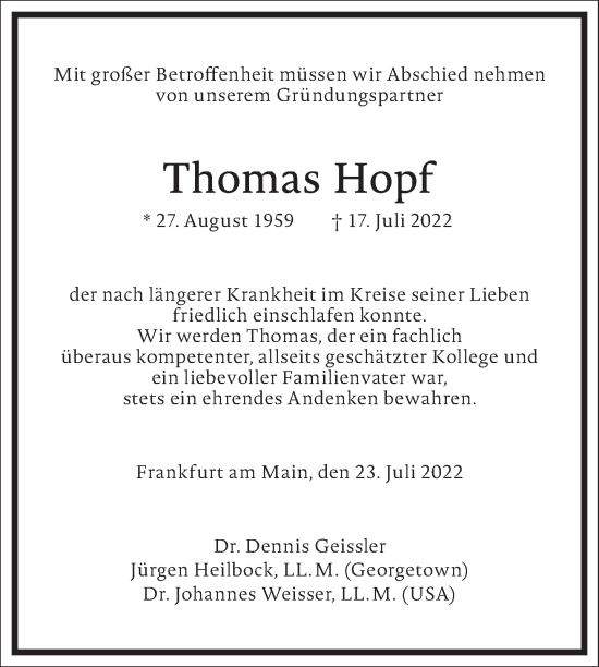 Traueranzeige von Thomas Hopf von Frankfurter Allgemeine Zeitung