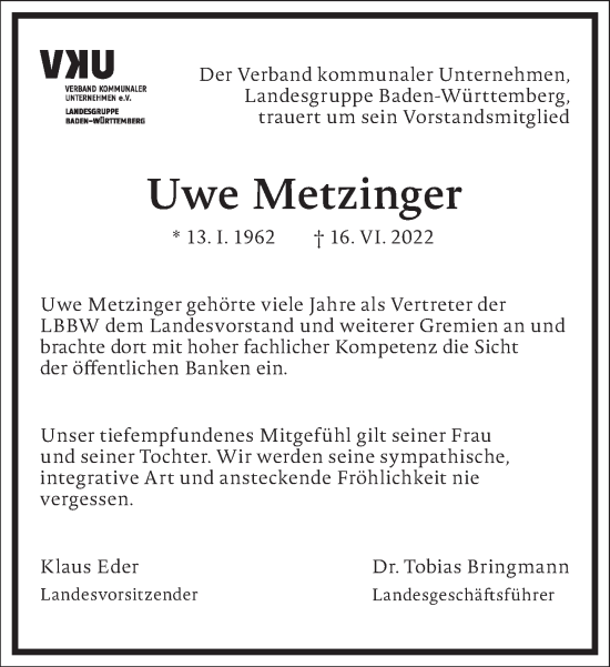 Traueranzeige von Uwe Metzinger von Frankfurter Allgemeine Zeitung