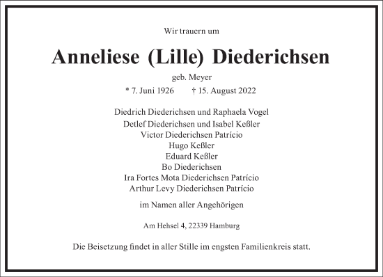 Traueranzeige von Anneliese Diederichsen von Frankfurter Allgemeine Zeitung