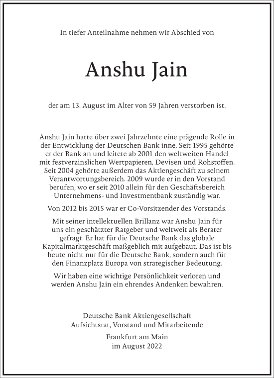 Traueranzeige von Anshu Jain von Frankfurter Allgemeine Zeitung