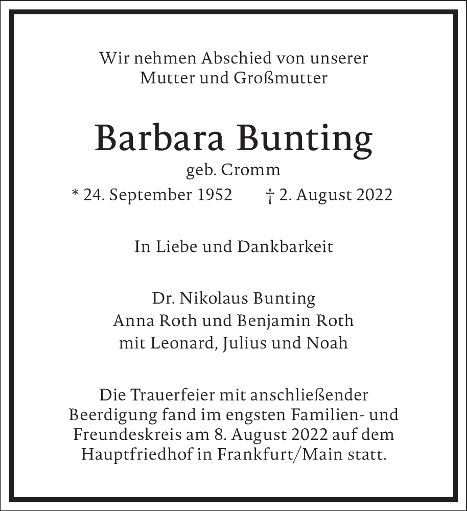  Traueranzeige für Barbara Bunting vom 05.08.2022 aus Frankfurter Allgemeine Zeitung