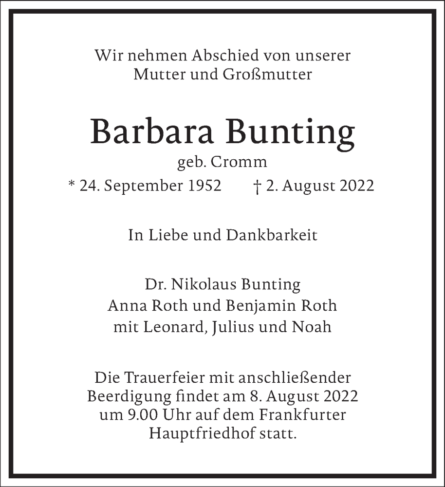  Traueranzeige für Barbara Bunting vom 06.08.2022 aus Frankfurter Allgemeine Zeitung