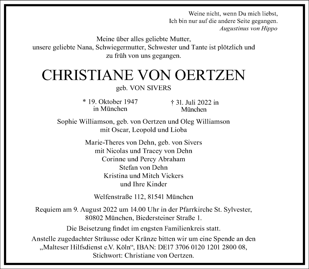  Traueranzeige für Christiane von Oertzen vom 06.08.2022 aus Frankfurter Allgemeine Zeitung