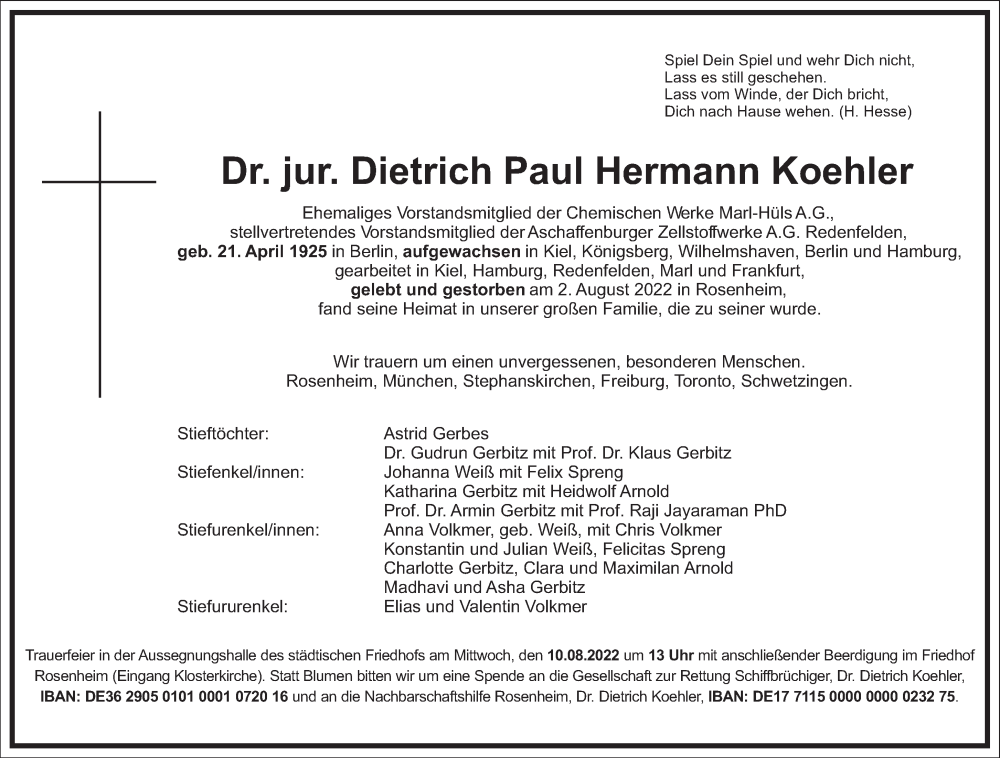  Traueranzeige für Dietrich Paul Hermann Koehler vom 06.08.2022 aus Frankfurter Allgemeine Zeitung