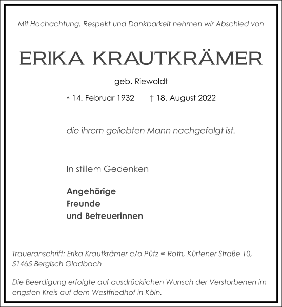 Traueranzeige von Erika Krautkrämer von Frankfurter Allgemeine Zeitung