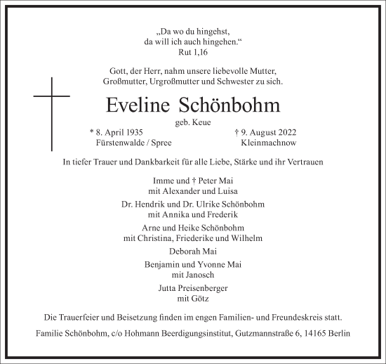 Traueranzeige von Eveline Schönbohm von Frankfurter Allgemeine Zeitung