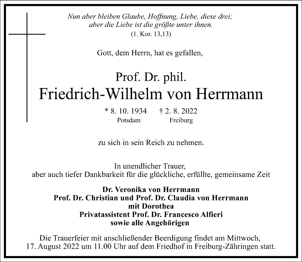  Traueranzeige für Friedrich-Wilhelm von Herrmann vom 06.08.2022 aus Frankfurter Allgemeine Zeitung