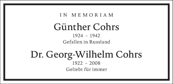 Traueranzeige von Georg-Wilhelm Cohrs von Frankfurter Allgemeine Zeitung