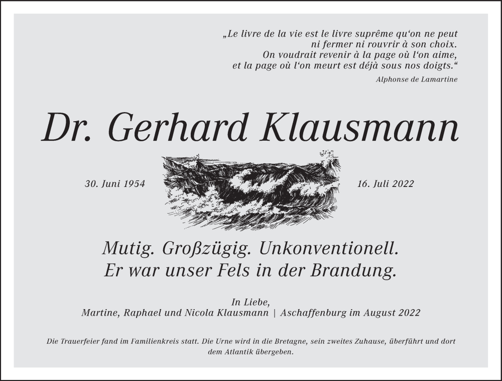  Traueranzeige für Gerhard Klausmann vom 06.08.2022 aus Frankfurter Allgemeine Zeitung