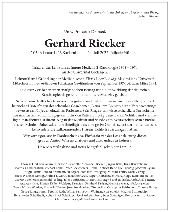 Traueranzeige von Gerhard Riecker von Frankfurter Allgemeine Zeitung