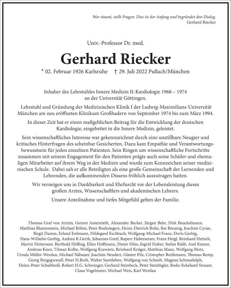  Traueranzeige für Gerhard Riecker vom 06.08.2022 aus Frankfurter Allgemeine Zeitung