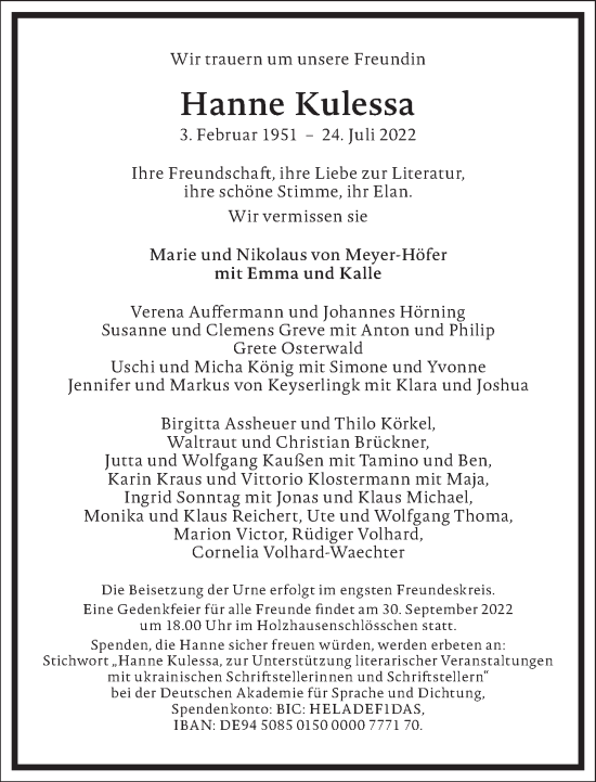 Traueranzeige von Hanne Kulessa von Frankfurter Allgemeine Zeitung