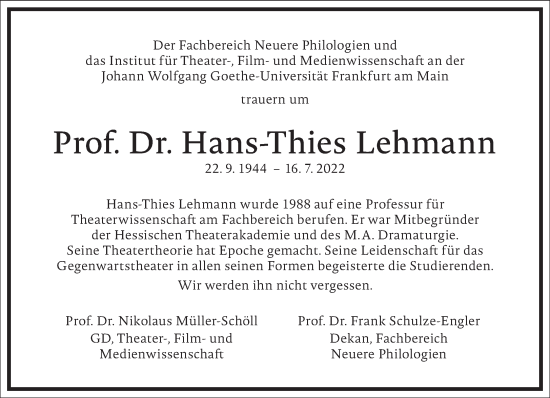 Traueranzeige von Hans-Thies Lehmann von Frankfurter Allgemeine Zeitung