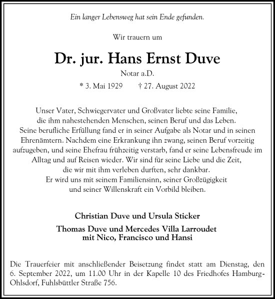 Traueranzeige von Hans Ernst Duve von Frankfurter Allgemeine Zeitung