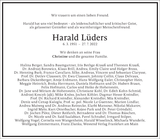 Traueranzeige von Harald Lüders von Frankfurter Allgemeine Zeitung