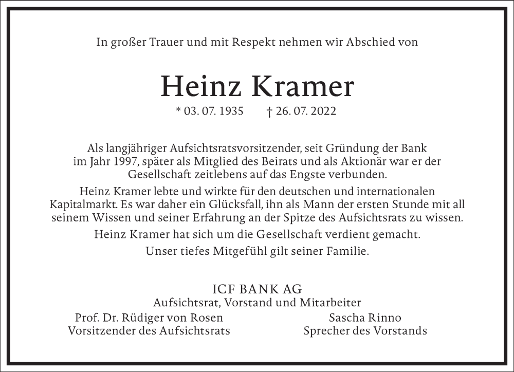  Traueranzeige für Heinz Kramer vom 04.08.2022 aus Frankfurter Allgemeine Zeitung