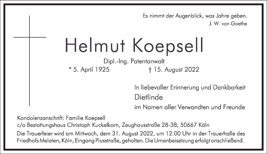 Traueranzeige von Helmut Koepsell von Frankfurter Allgemeine Zeitung