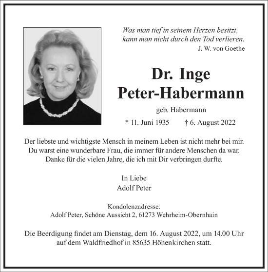 Traueranzeige von Inge Peter-Habermann von Frankfurter Allgemeine Zeitung