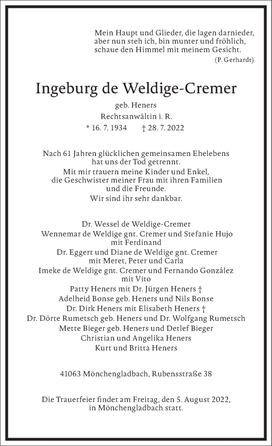 Traueranzeige von Ingeburg  de Weldige-Cremer von Frankfurter Allgemeine Zeitung