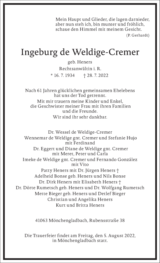  Traueranzeige für Ingeburg  de Weldige-Cremer vom 03.08.2022 aus Frankfurter Allgemeine Zeitung