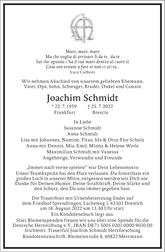 Traueranzeige von Joachim Schmidt von Frankfurter Allgemeine Zeitung