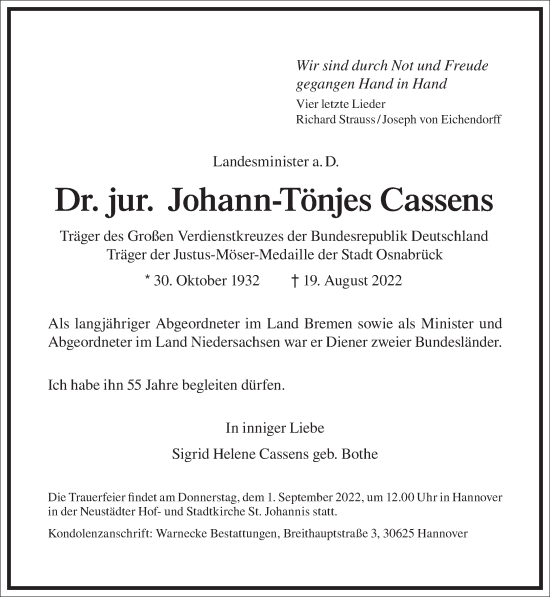 Traueranzeige von Johann-Tönjes Cassens von Frankfurter Allgemeine Zeitung