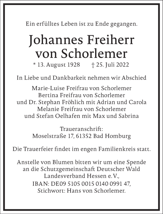 Traueranzeige von Johannes Freiherr von Schorlemer von Frankfurter Allgemeine Zeitung