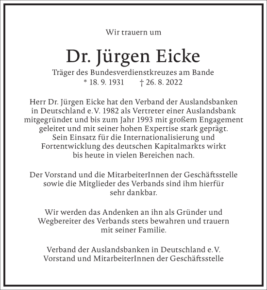 Traueranzeige von Jürgen Eicke von Frankfurter Allgemeine Zeitung