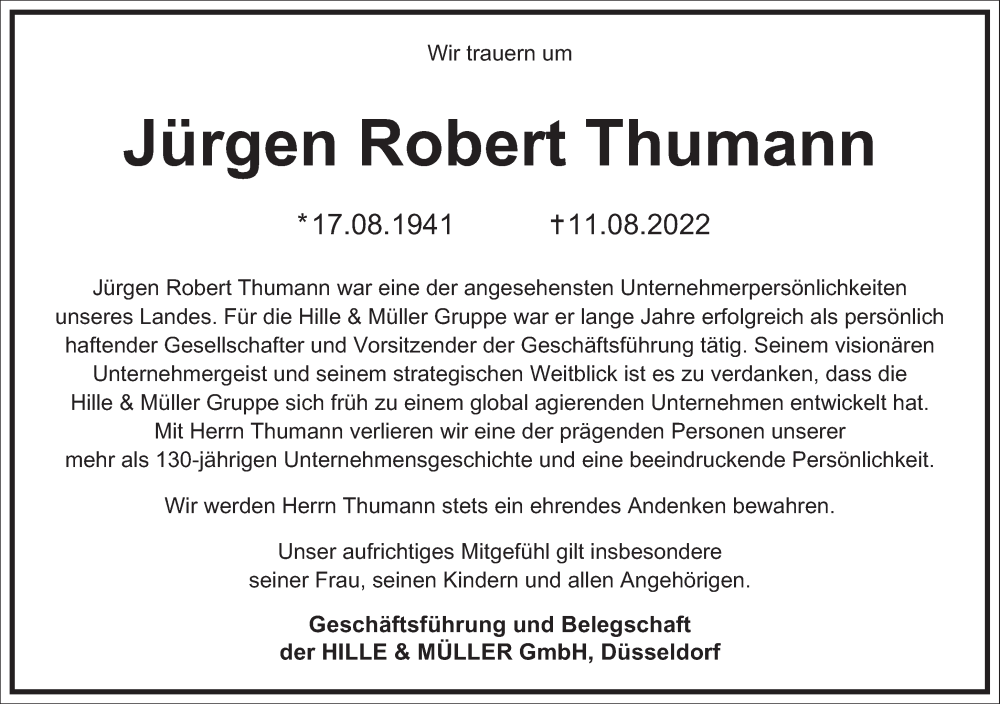  Traueranzeige für Jürgen Robert Thumann vom 20.08.2022 aus Frankfurter Allgemeine Zeitung