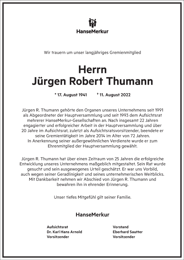  Traueranzeige für Jürgen Robert Thumann vom 20.08.2022 aus Frankfurter Allgemeine Zeitung