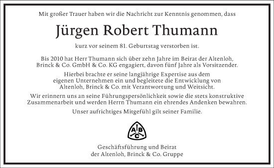 Traueranzeige von Jürgen Robert Thumann von Frankfurter Allgemeine Zeitung