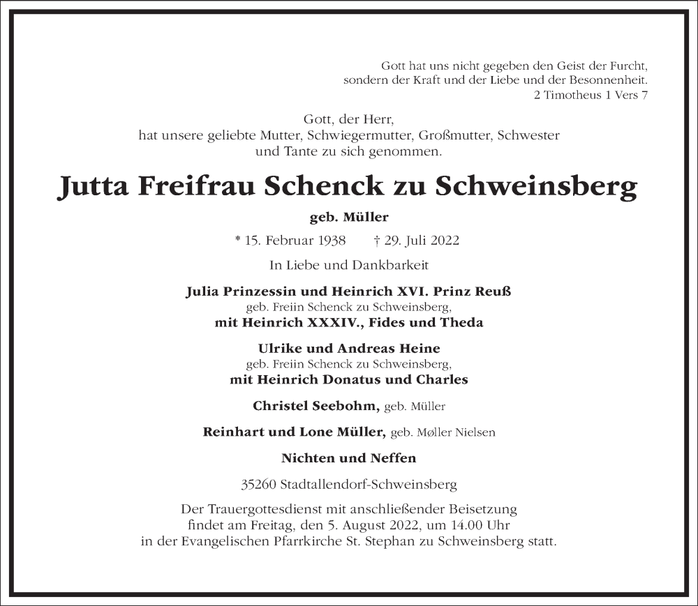  Traueranzeige für Jutta Freifrau Schenck zu Schweinsberg vom 02.08.2022 aus Frankfurter Allgemeine Zeitung