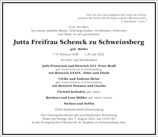 Traueranzeige von Jutta Freifrau Schenck zu Schweinsberg von Frankfurter Allgemeine Zeitung