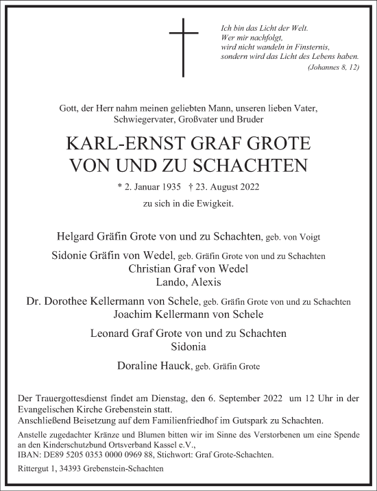 Traueranzeige von Karl-Ernst Graf Grote von und zu Schachten von Frankfurter Allgemeine Zeitung