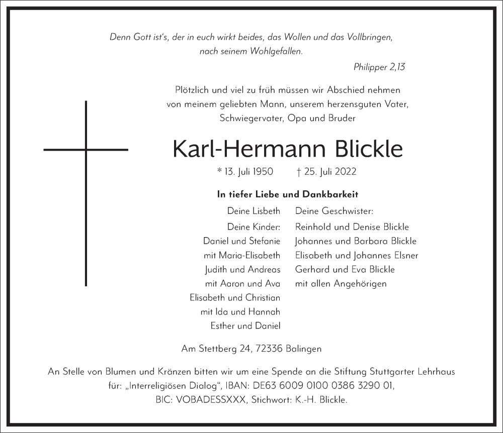  Traueranzeige für Karl-Hermann Blickle vom 03.08.2022 aus Frankfurter Allgemeine Zeitung