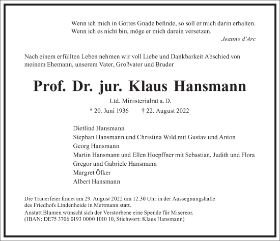 Traueranzeige von Klaus Hansmann von Frankfurter Allgemeine Zeitung