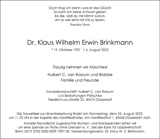 Traueranzeige von Klaus Wilhelm Erwin Brinkmann von Frankfurter Allgemeine Zeitung