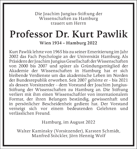 Traueranzeige von Kurt Pawlik von Frankfurter Allgemeine Zeitung