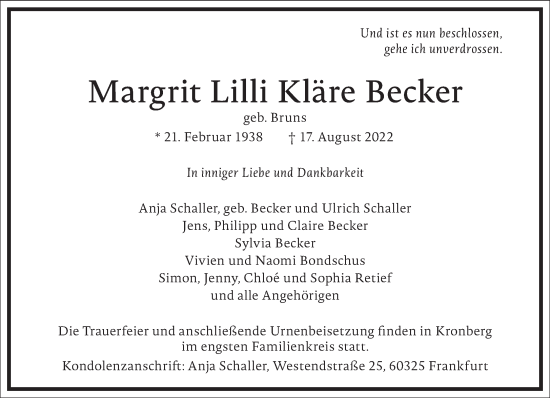 Traueranzeige von Margrit Lilli Kläre Becker von Frankfurter Allgemeine Zeitung