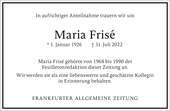 Traueranzeige von Maria Frisé von Frankfurter Allgemeine Zeitung