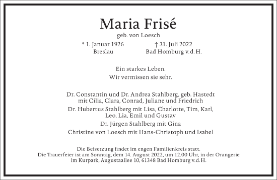 Traueranzeige von Maria Frisé von Frankfurter Allgemeine Zeitung