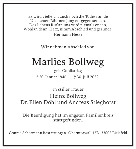 Traueranzeige von Marlies Bollweg von Frankfurter Allgemeine Zeitung