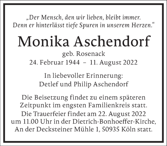 Traueranzeige von Monika Aschendorf von Frankfurter Allgemeine Zeitung