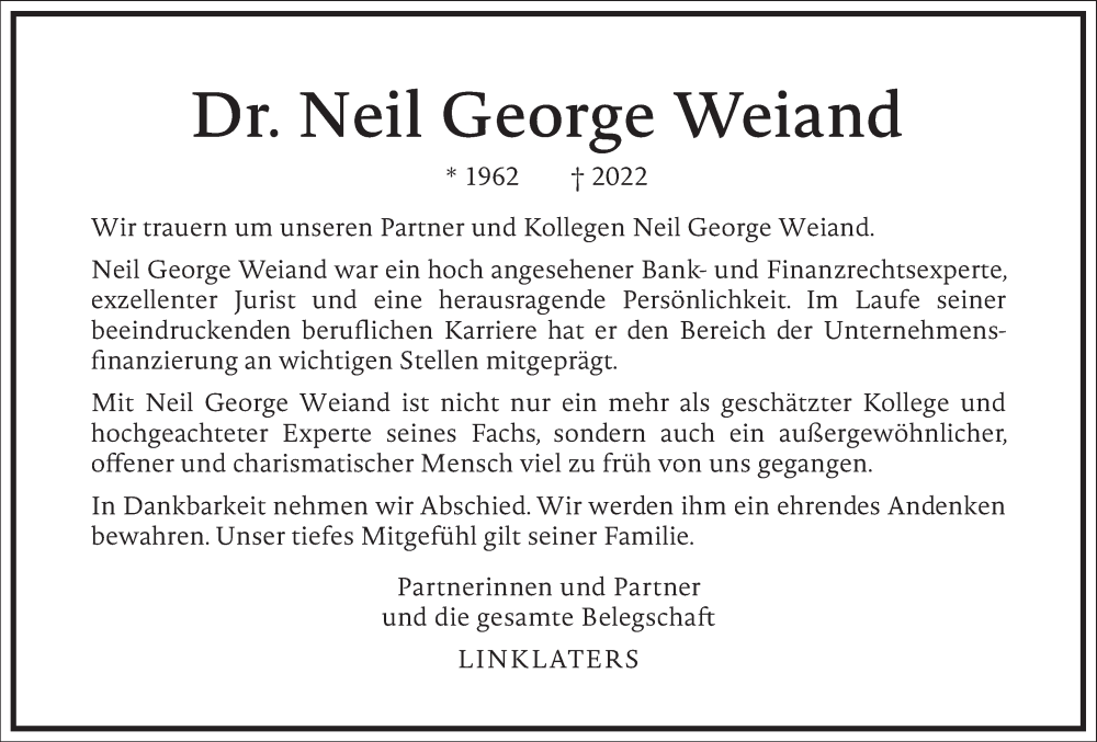  Traueranzeige für Neil George Weiand vom 12.08.2022 aus Frankfurter Allgemeine Zeitung