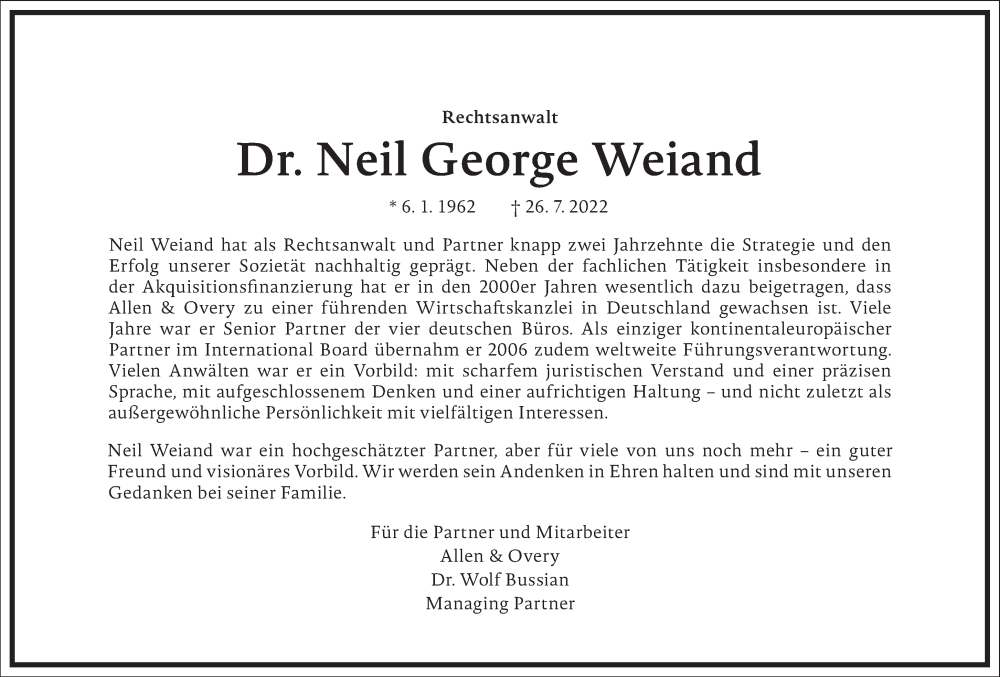  Traueranzeige für Neil George Weiand vom 12.08.2022 aus Frankfurter Allgemeine Zeitung