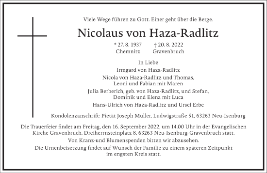 Traueranzeige von Nicolaus von Haza-Radlitz von Frankfurter Allgemeine Zeitung