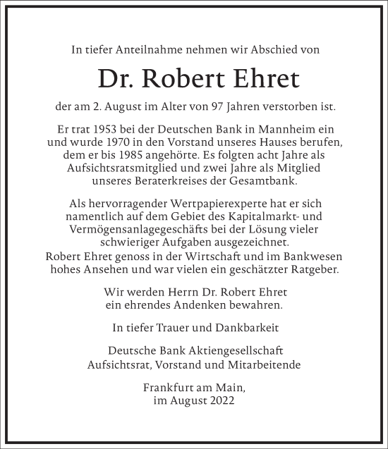 Traueranzeige von Robert Ehret von Frankfurter Allgemeine Zeitung